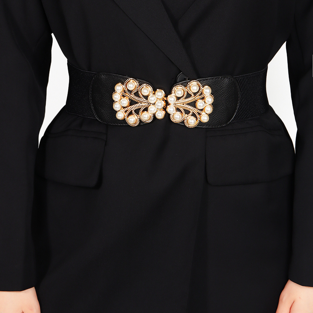 Multi-colored Pearl Metal Buckle Elastic Wide Belt - Image 9