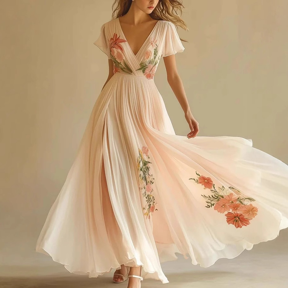 V-Neck Digital Printing Positioning Long Dress