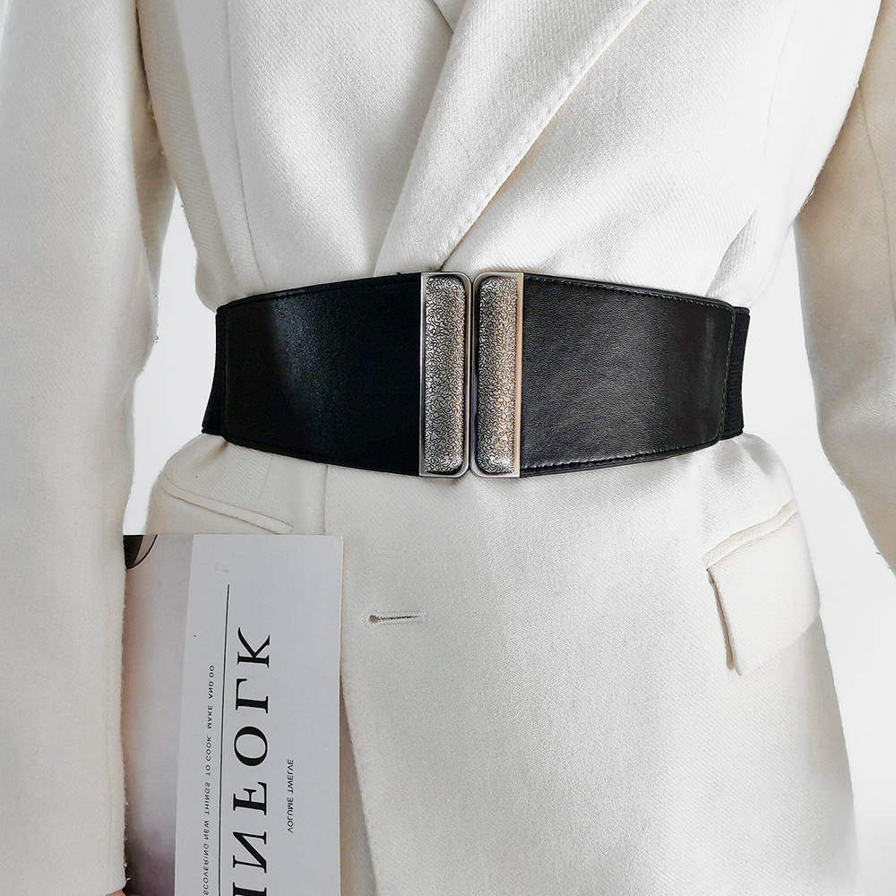 Simple Elastic Retro Carved Grain Women's Black Wide Belt