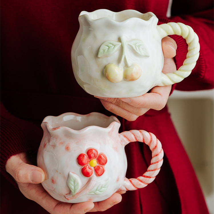 Embossed Flower Hand Painted Ceramic Mug - Image 8