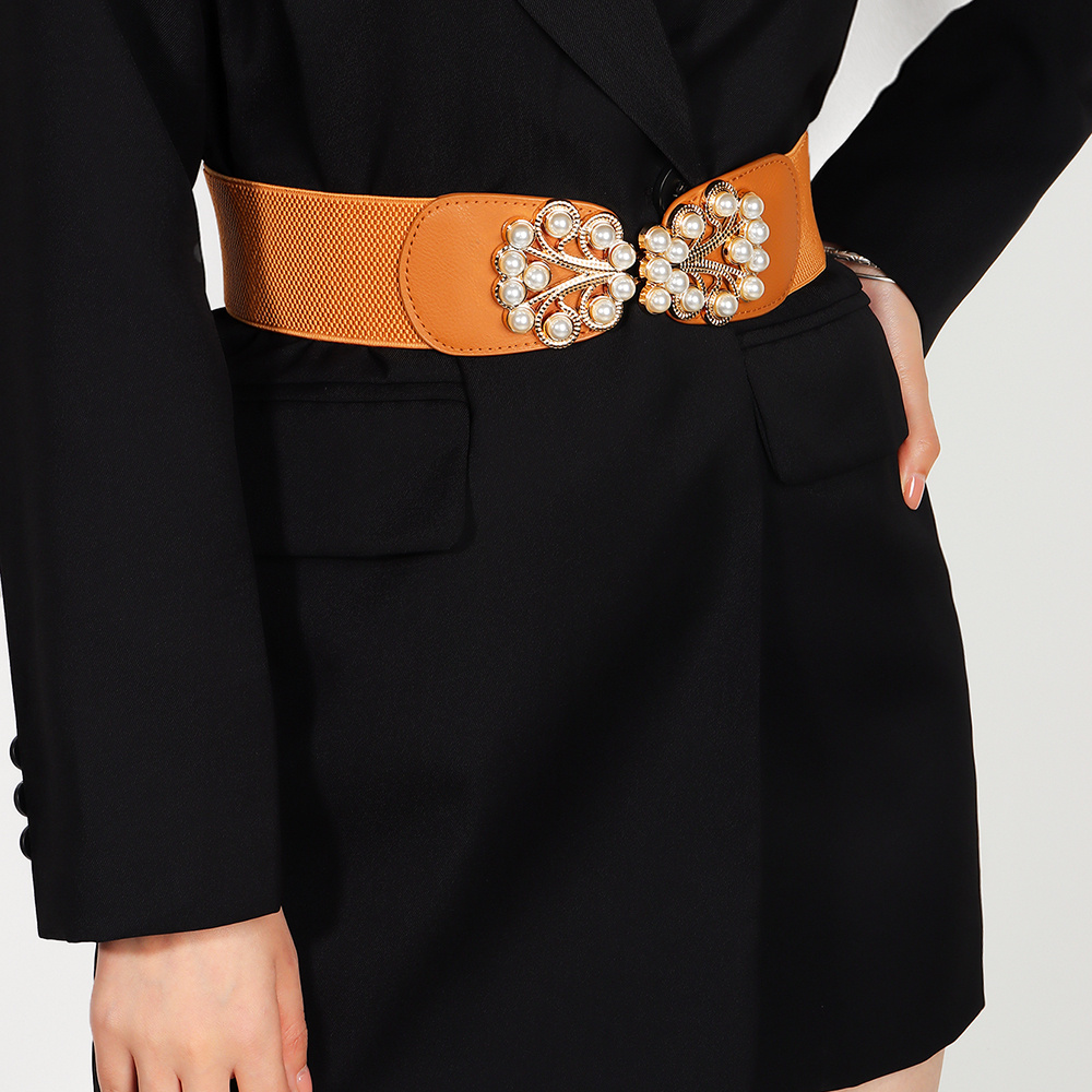 Multi-colored Pearl Metal Buckle Elastic Wide Belt - Image 5