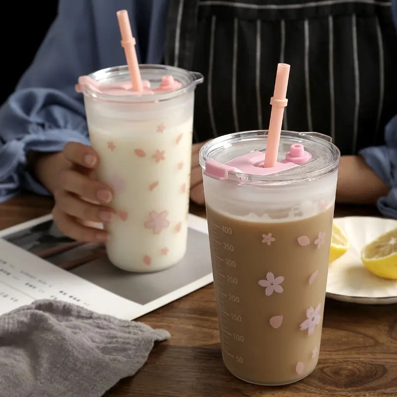 Large Capacity Floral Straw Glass Cup