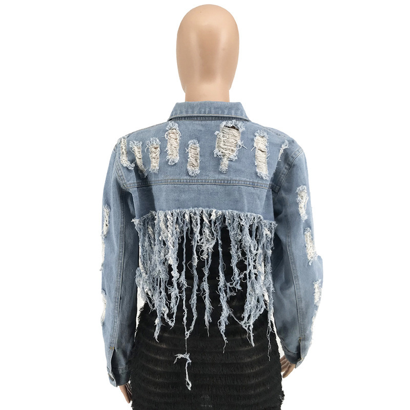 Ripped Washed Fringed Denim Jacket - Image 2