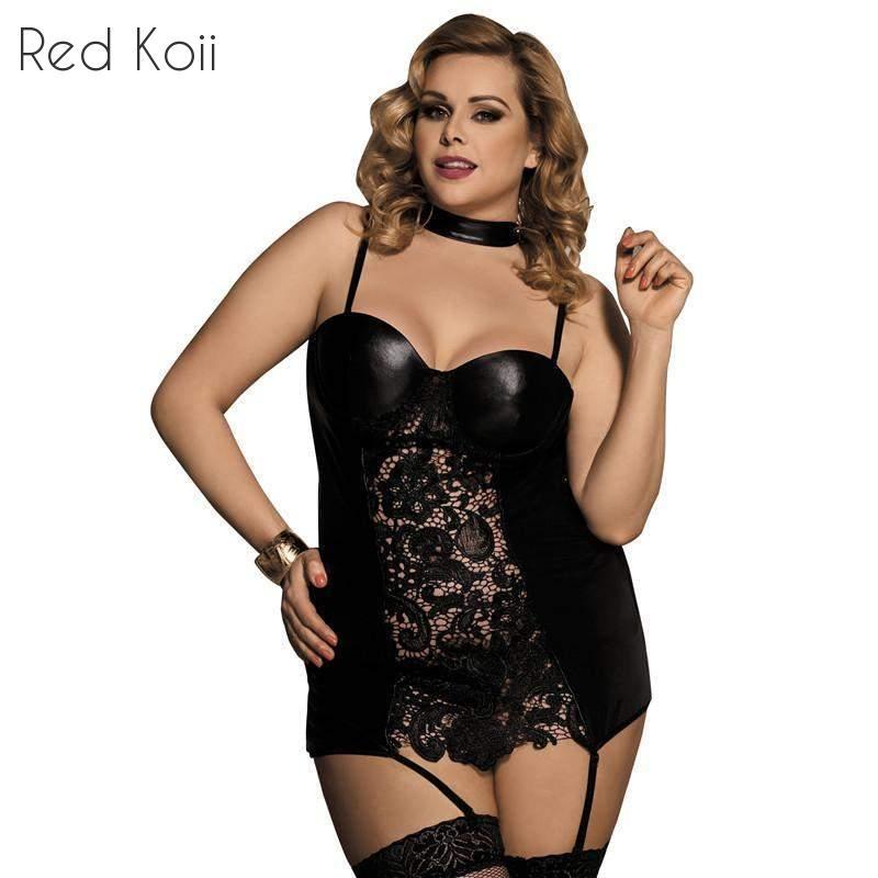 Lace Faux Leather Gartered Lingerie