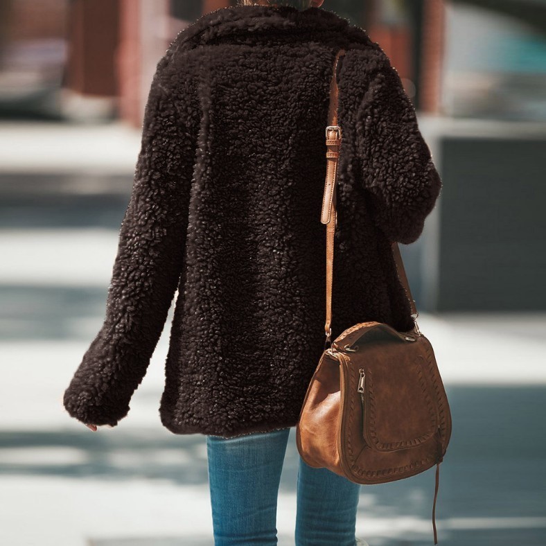 Lapel Fluffy Furry Faux Fur Overcoat - Image 2