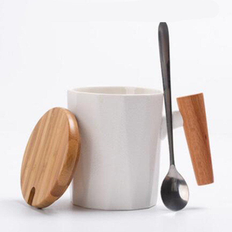 Simple Solid Color Ceramic Mug With Wood Handle - Image 4