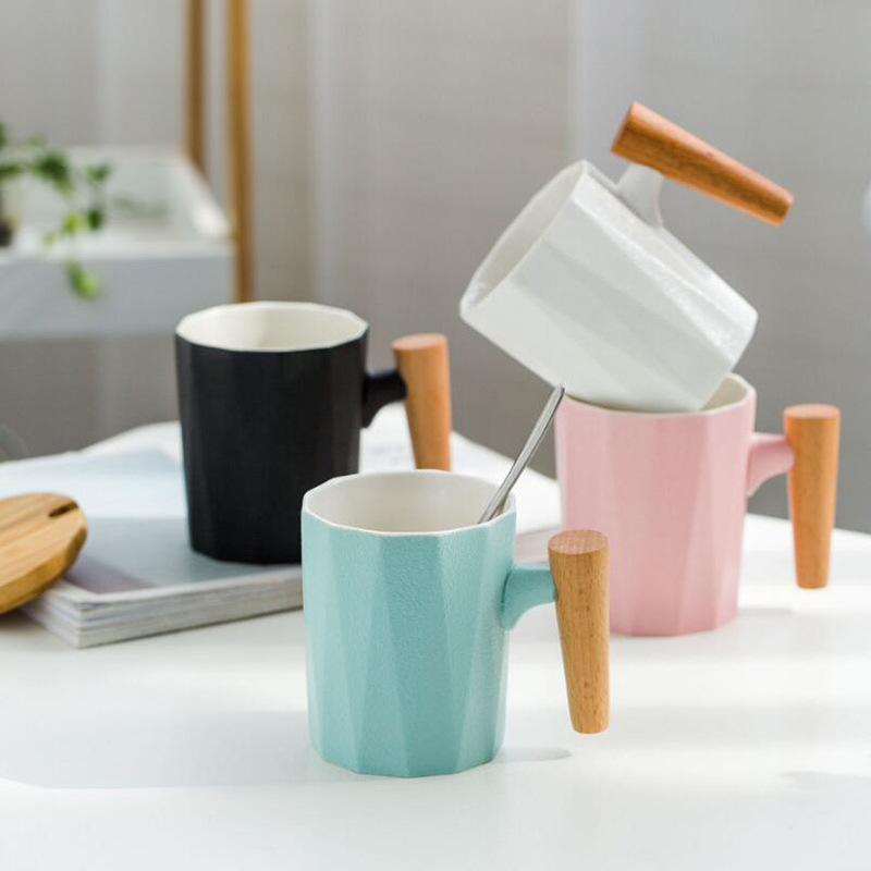 Simple Solid Color Ceramic Mug With Wood Handle