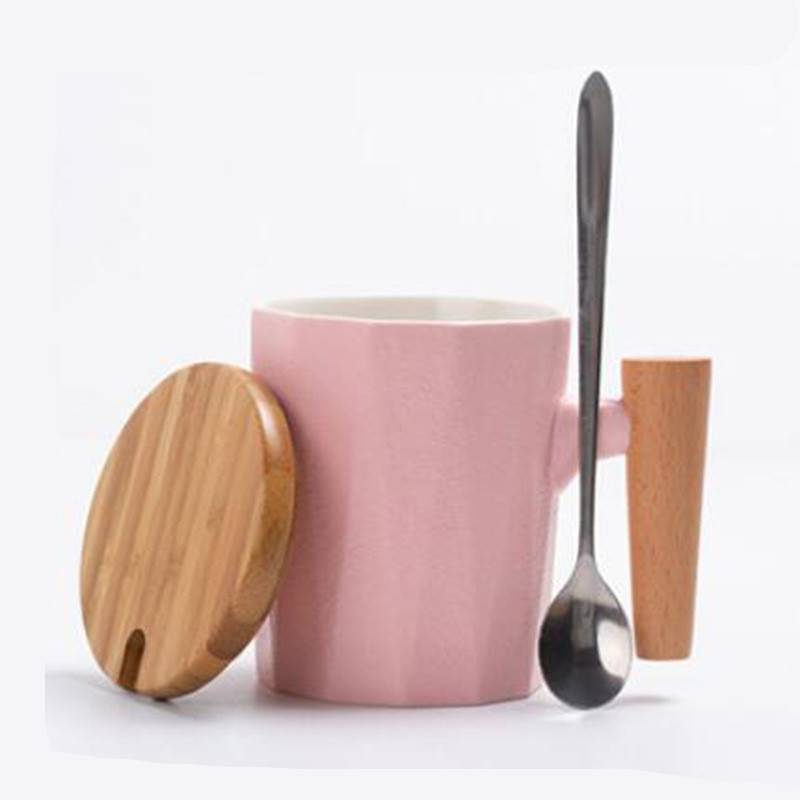Simple Solid Color Ceramic Mug With Wood Handle - Image 6