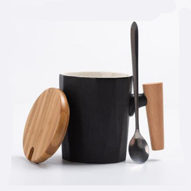 Simple Solid Color Ceramic Mug With Wood Handle - Image 5