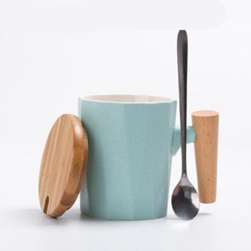 Simple Solid Color Ceramic Mug With Wood Handle - Image 2
