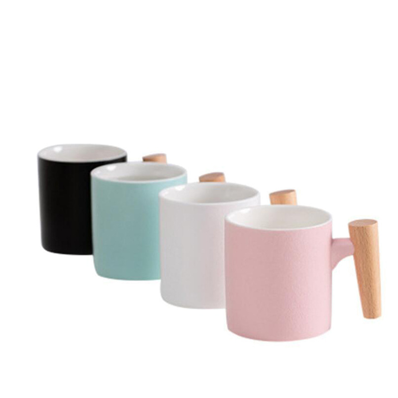 Simple Solid Color Ceramic Mug With Wood Handle - Image 3