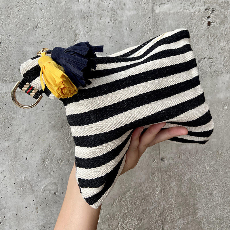 Striped Tassel Zipper Canvas Cosmetic Bag
