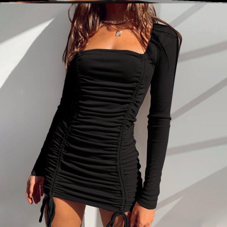 Long Sleeve Square Neck Drawstring Hip Dress