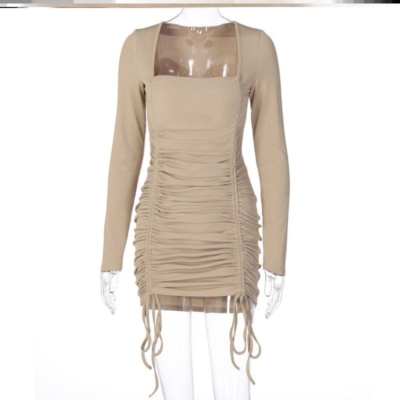 Long Sleeve Square Neck Drawstring Hip Dress - Image 5