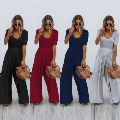 Ladies Fashion Short Sleeve Wide & Loose Jumpsuit