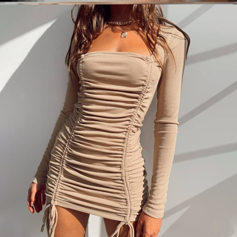 Long Sleeve Square Neck Drawstring Hip Dress - Image 3