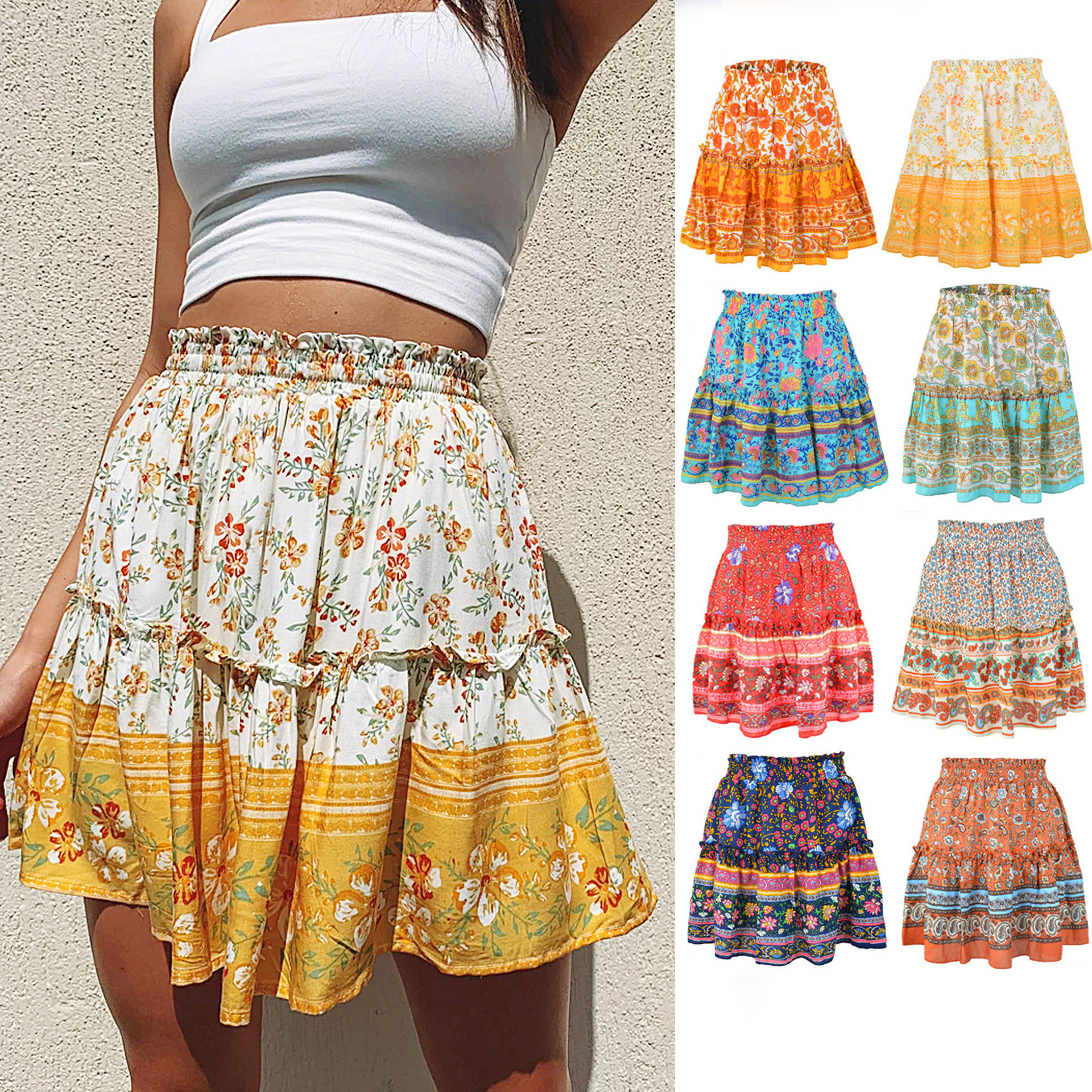 Women's Bohemian Flower High Waist Print Skirt
