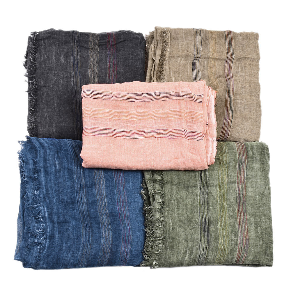 Solid Cotton And Linen Yarn Dyed Striped Scarf - Image 5