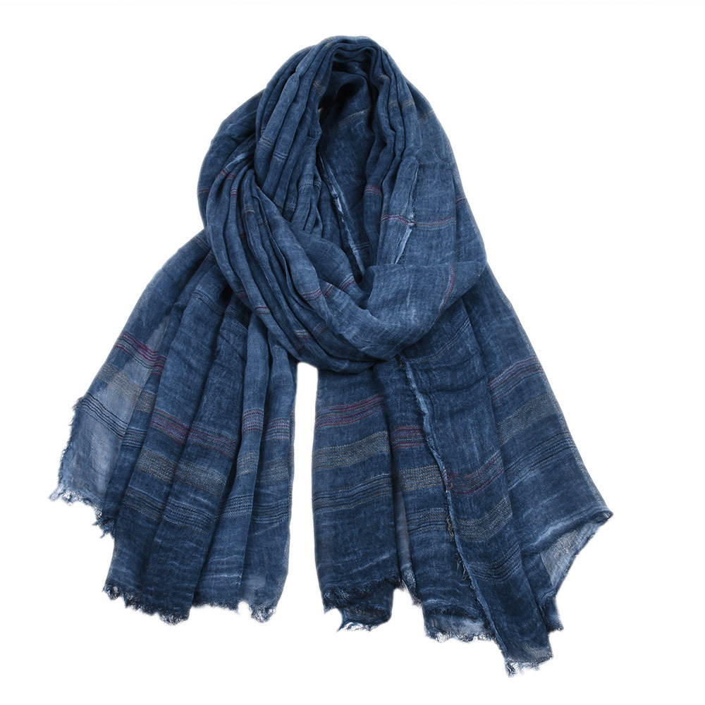 Solid Cotton And Linen Yarn Dyed Striped Scarf - Image 2