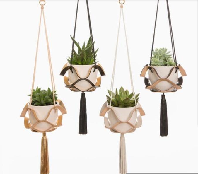 Leather Basket Macrame Hanging Planter - Image 8