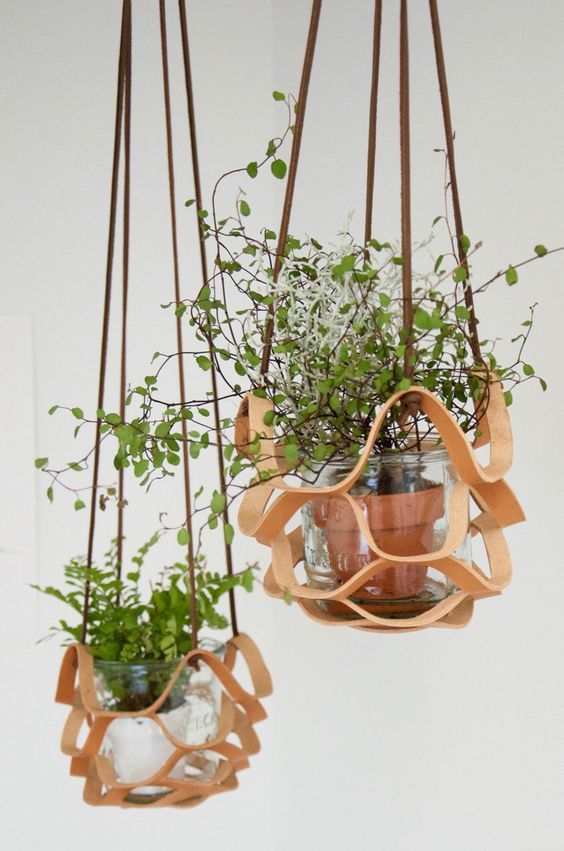 Leather Basket Macrame Hanging Planter - Image 4