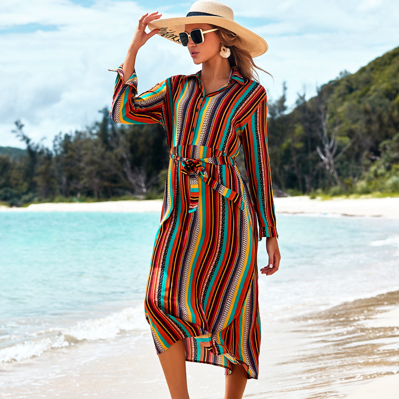 Long-Sleeved Thin Color Striped Beach Skirt