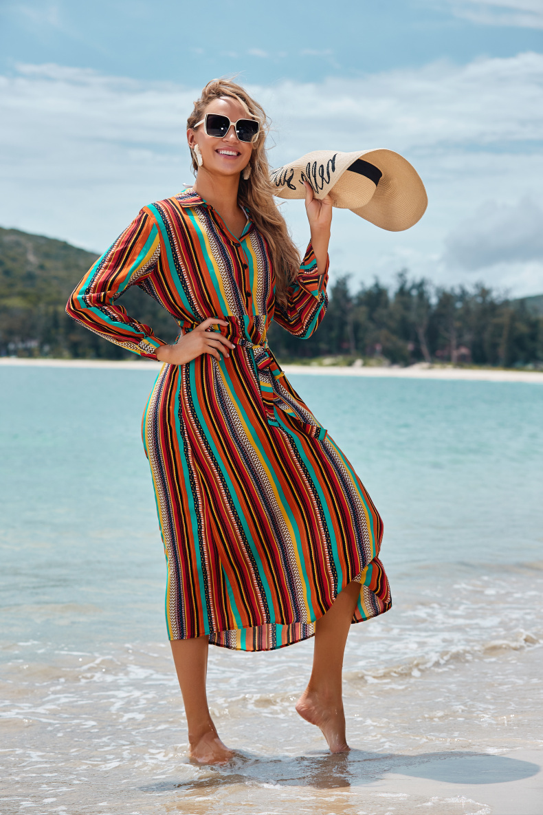 Long-Sleeved Thin Color Striped Beach Skirt - Image 2