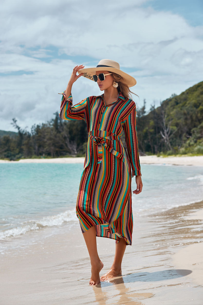 Long-Sleeved Thin Color Striped Beach Skirt - Image 4