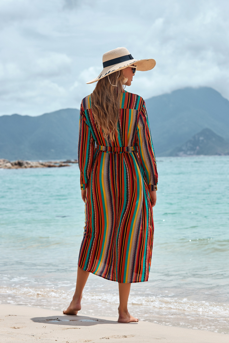 Long-Sleeved Thin Color Striped Beach Skirt - Image 3