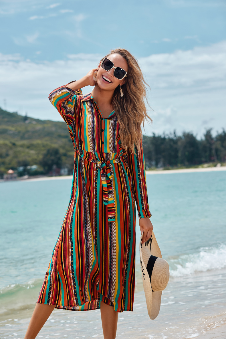 Long-Sleeved Thin Color Striped Beach Skirt - Image 5