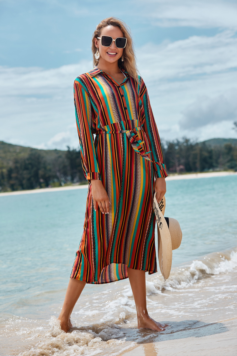 Long-Sleeved Thin Color Striped Beach Skirt - Image 6