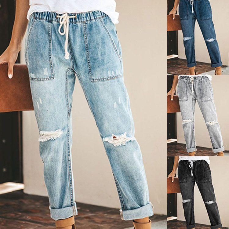 Drawstring Straight Ripped Jeans