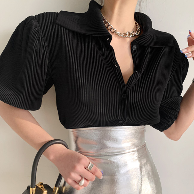 Pleated Texture Design Loose Puff Sleeve Shirt