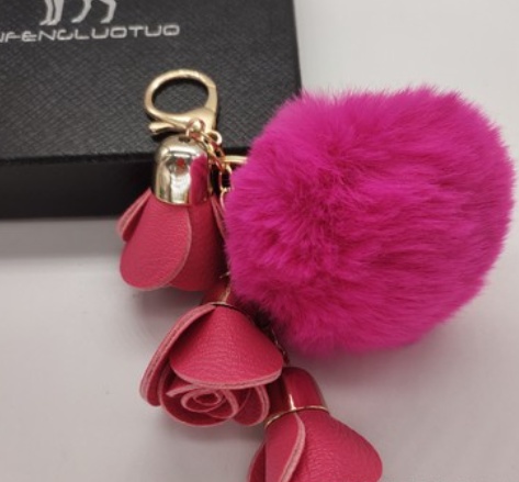 Handmade Cute Pompom Ball PU Rose Key Chains