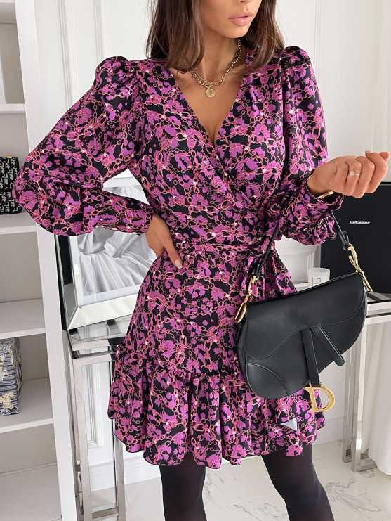 Long Sleeved Plaid Printed Floral Dress Women - Image 5