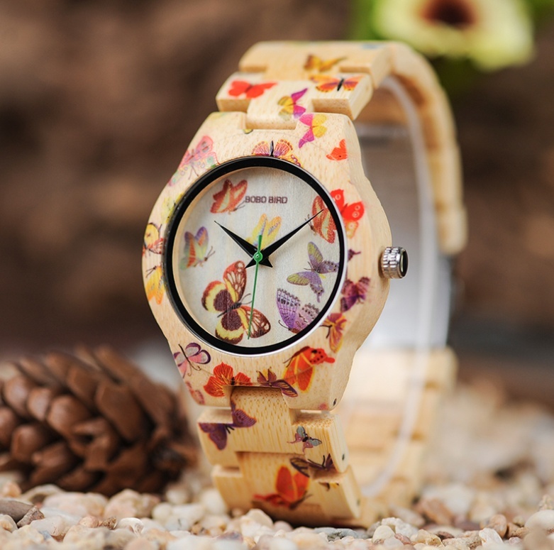 Bamboo Made Butterfly Print Women Wristwatch