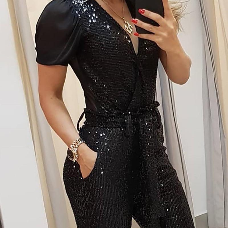 Deep V Sequined Neck Jumpsuit