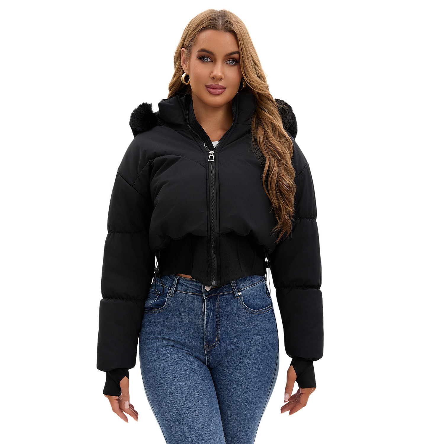 Hooded Large Fur Collar Short Jacket - Image 7