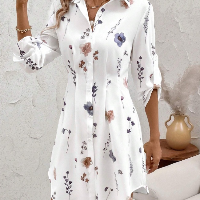 Women's Fashionable Floral Print Shirt Dress
