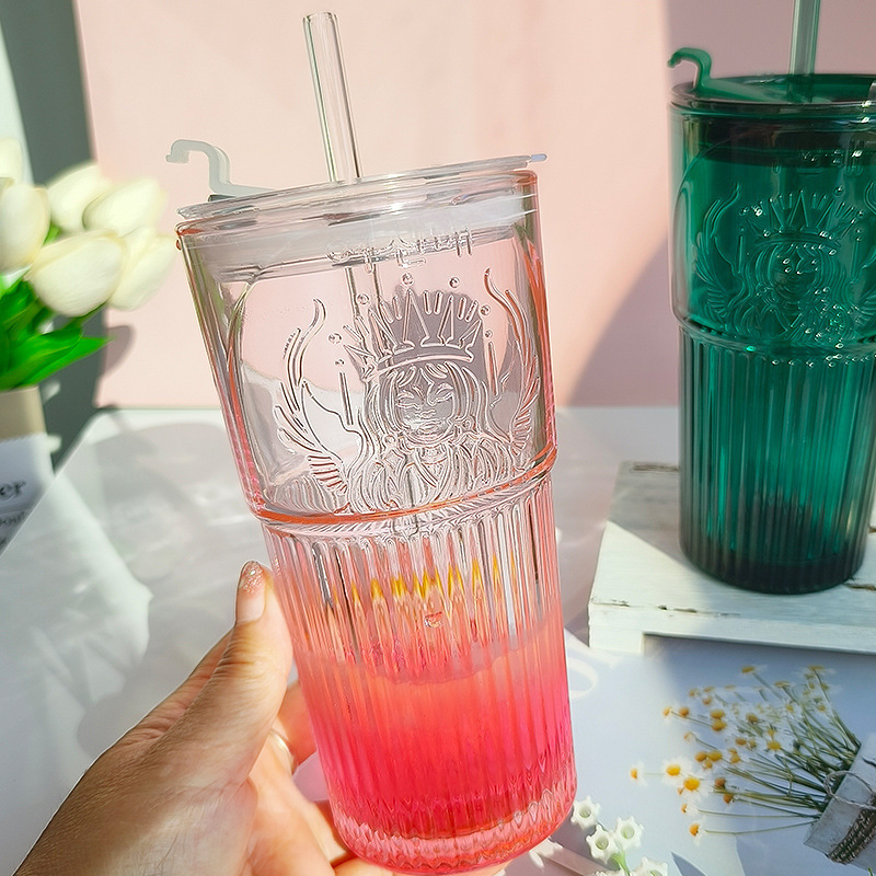 Large Capacity Embossed Glass Cup With Straw - Image 5