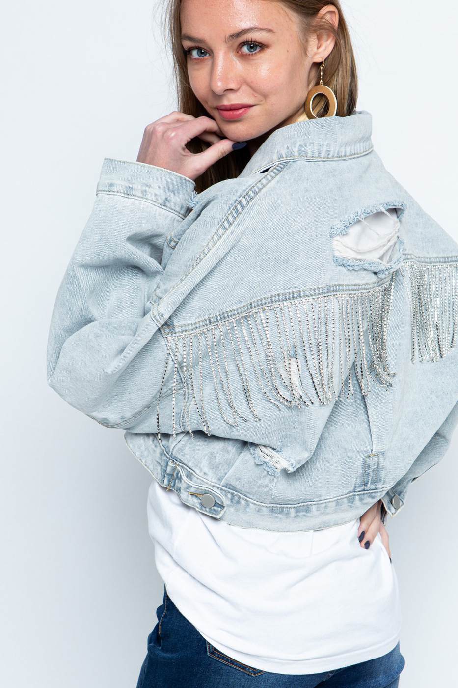 Long Sleeve Ripped Rhinestone Denim Jacket - Image 4