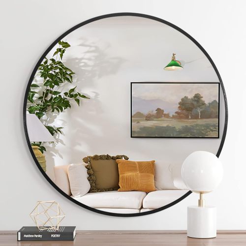 32 Inch Black Metal Framed Round Mirror
