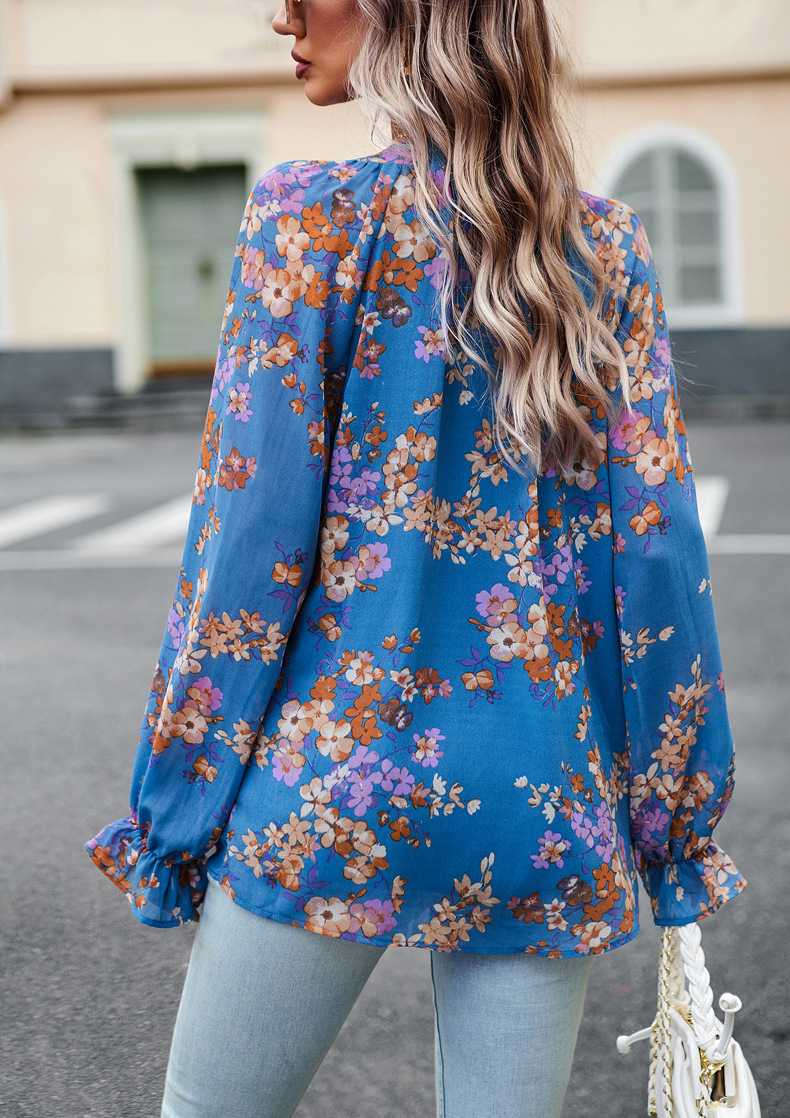 Floral Print V Neck Long Sleeve Shirts - Image 8