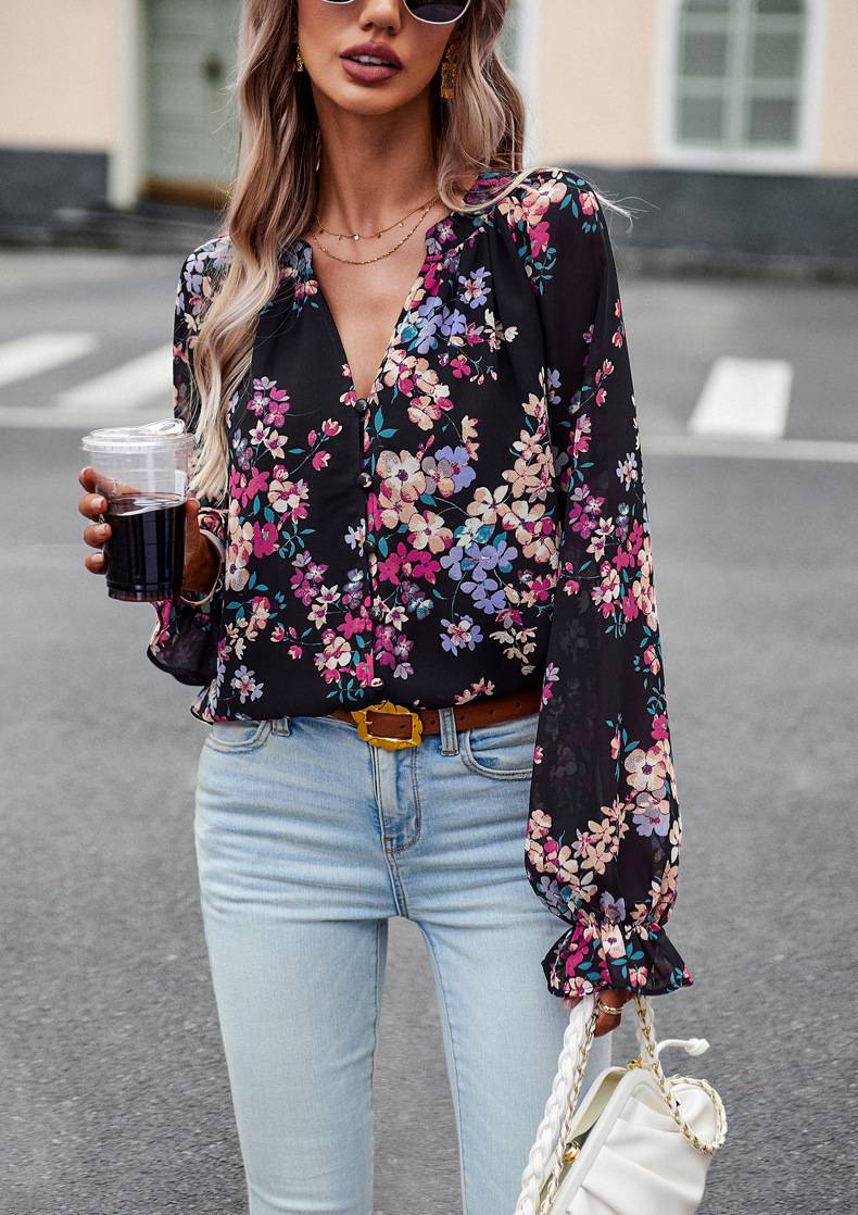 Floral Print V Neck Long Sleeve Shirts - Image 7