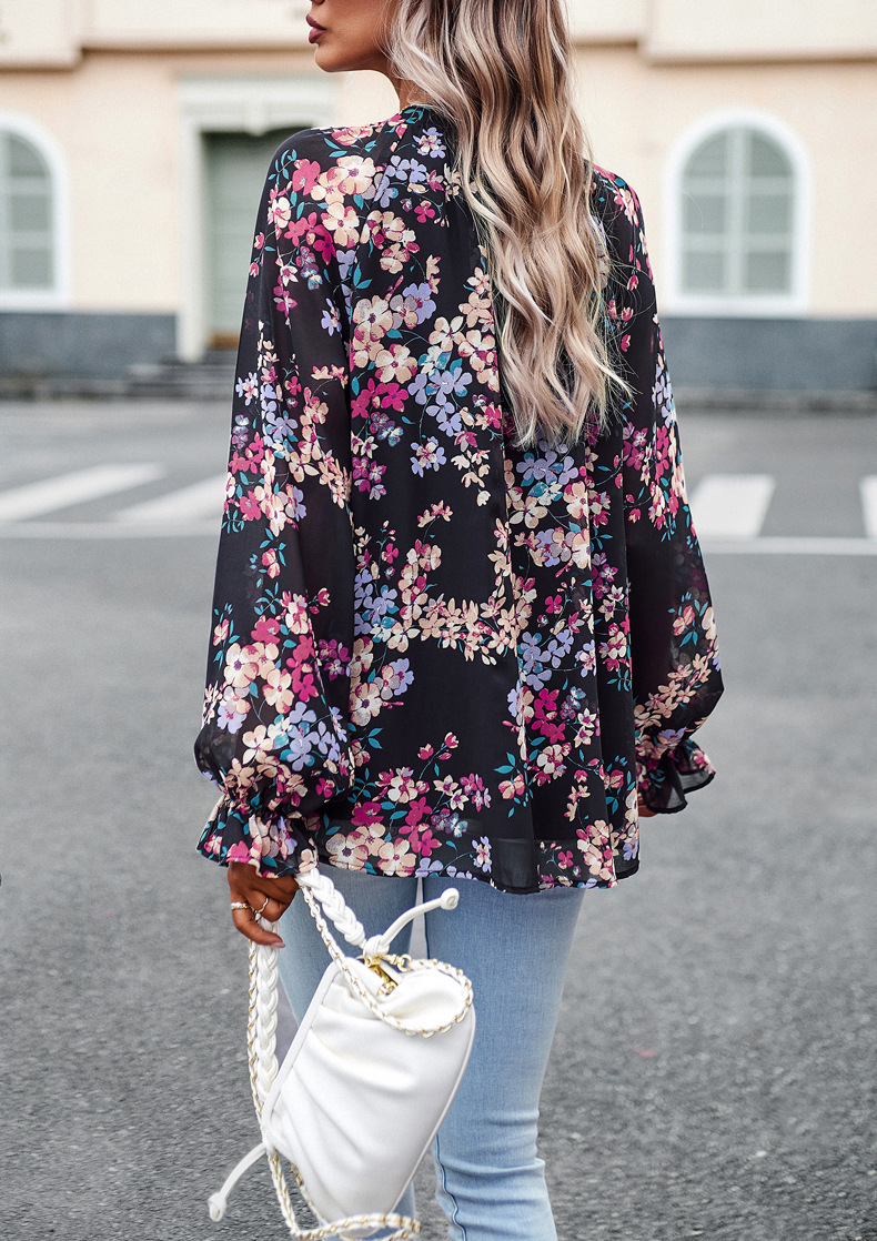 Floral Print V Neck Long Sleeve Shirts - Image 5