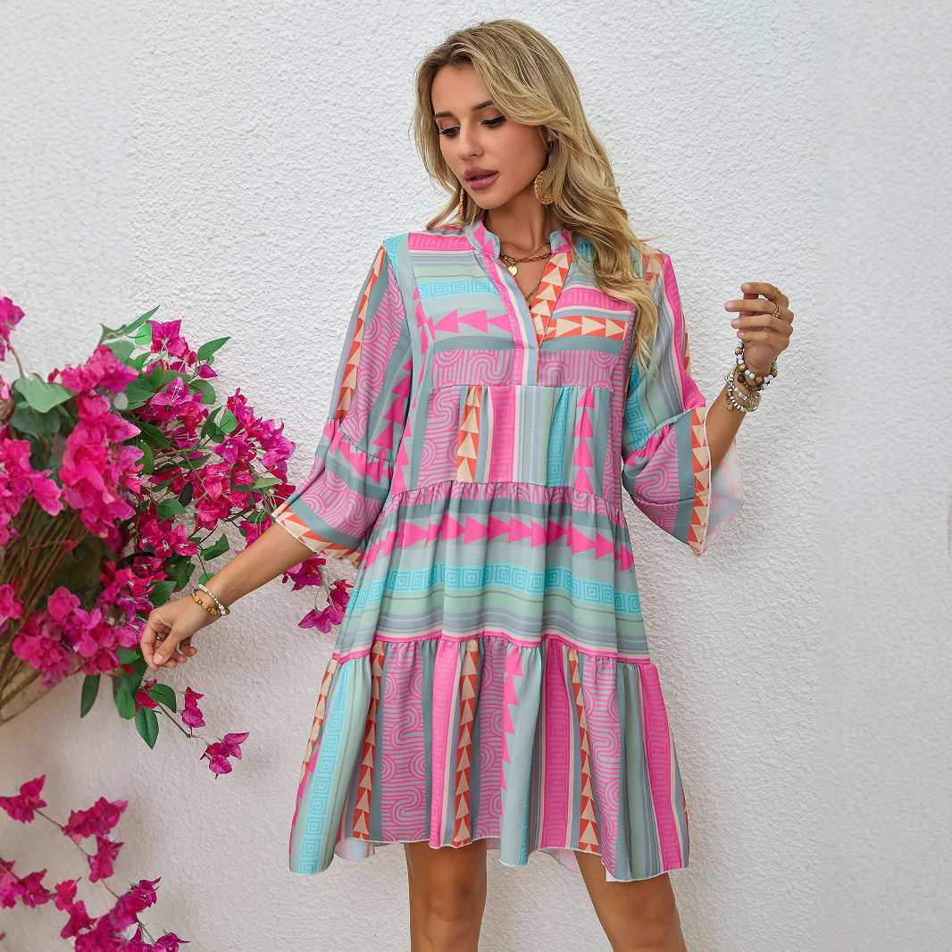 Geometric Trio Print V-Neck Dress