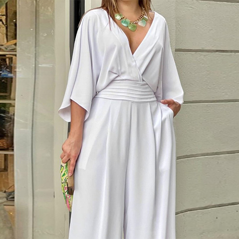 Women's Solid Short-sleeved V-Neck Jumpsuit - Image 4