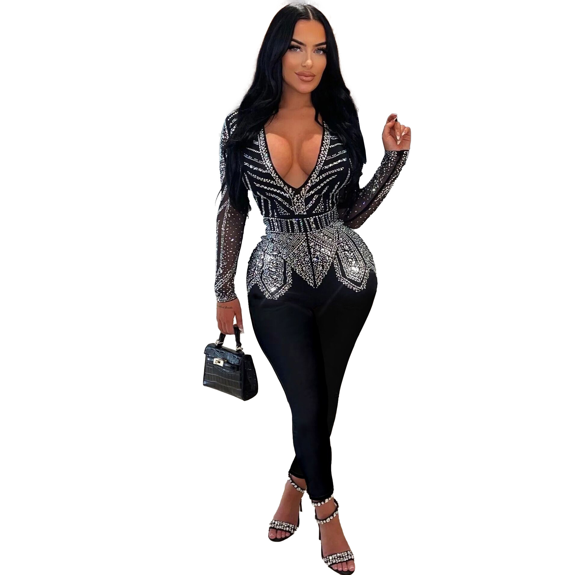 Slim Hip Rhinestone V-Neck Stretch Tight Jumpsuit - Image 2
