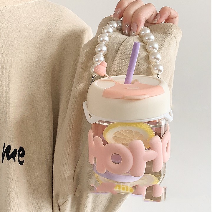Cute Pearl Chain Silicone Glass Mug With Straw