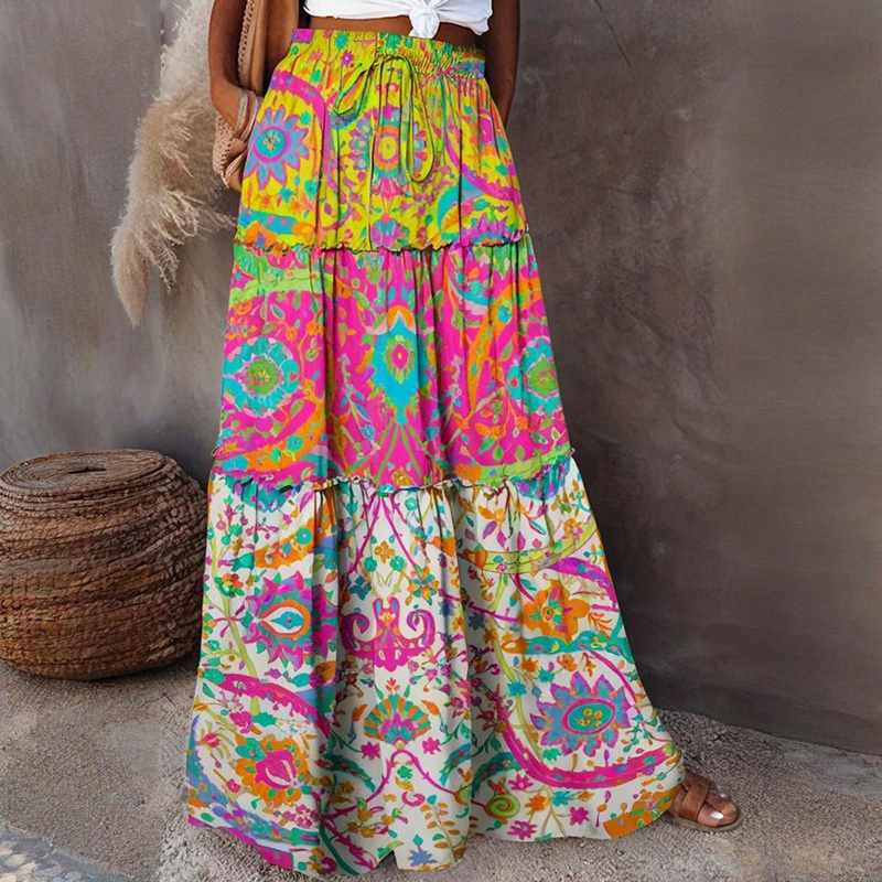Color Block Floral Print Maxi Skirt With Drawstring Waist